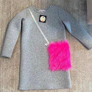 Halabaloo Gray Dress with Pink Faux Fur Accent